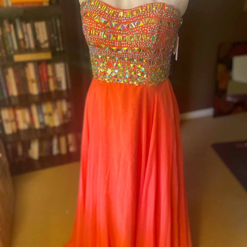 Coral prom or pageant gown with A/B beaded sweetheart bodice